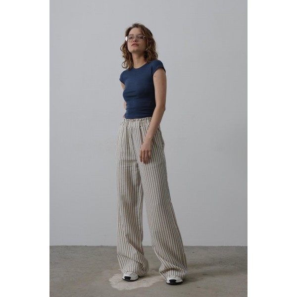Çizgili Pamuklu Lastikli Pantolon - Bej-Lacivert