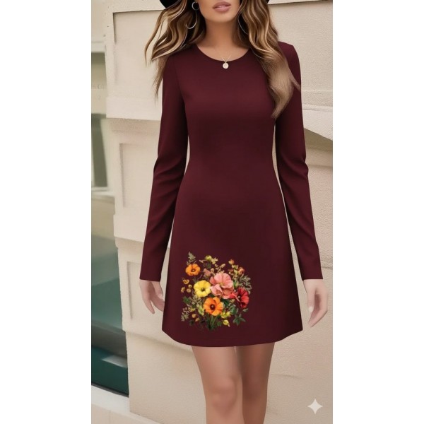 Kadın Uzun Kollu Bisiklet Yaka çiçek Desenli Mini Dalgıç Elbise