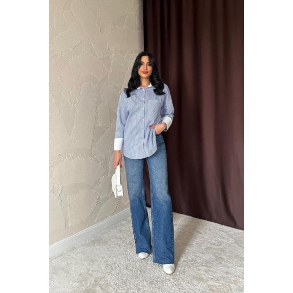 Mavi Çizgili Poplin Uzun Kol Gömlek