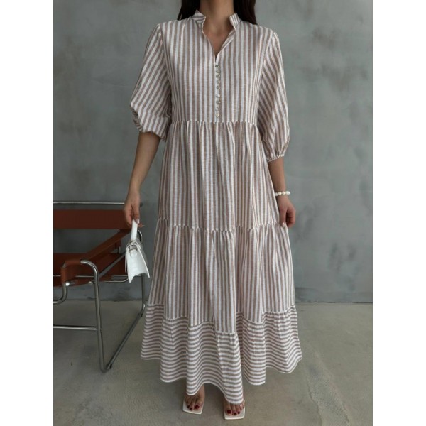 ÇİZGİLİ KETEN HAKİM YAKA DÜĞMELİ SALAŞ ELBİSE - Kahverengi