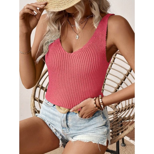 Kadın Kolsuz V Yaka Kalın Askılı Triko Bluz