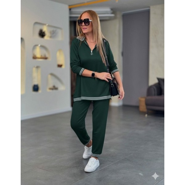 Kadın Uzun Kollu Fermuarlı şerit Detay Desenli Alt üst Ikili Viskon Iki Iplik Takım