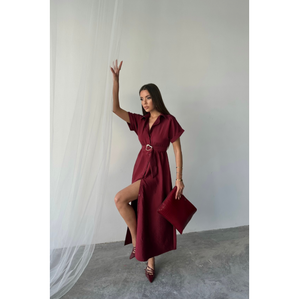 ÖNDEN DÜĞMELİ CRUSHLI MODAL ELBİSE - Bordo