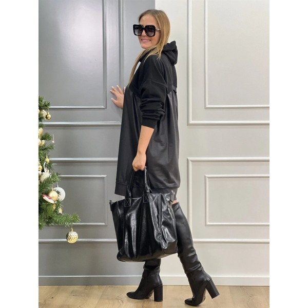 Kadın Uzun Kollu Kapüşon Ve Deri Detay Diz üstü Elbise