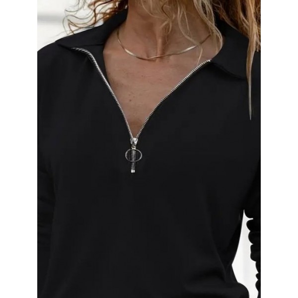 Kadın Uzun Kollu Yakalı Fermuarlı Iki Iplik Bluz