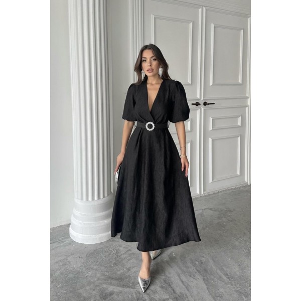 Siyah Işıltılı Kemerli Kruvaze Elbise