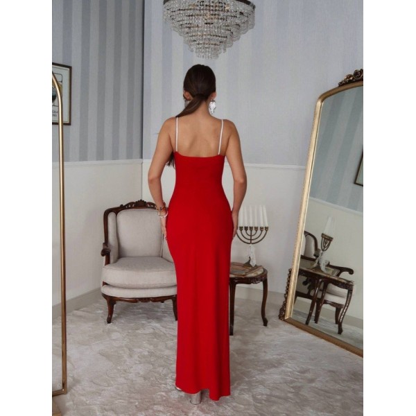 Kadın Omuz Askılı Derin Yırtmaç Detay Maxi Boy Elbise