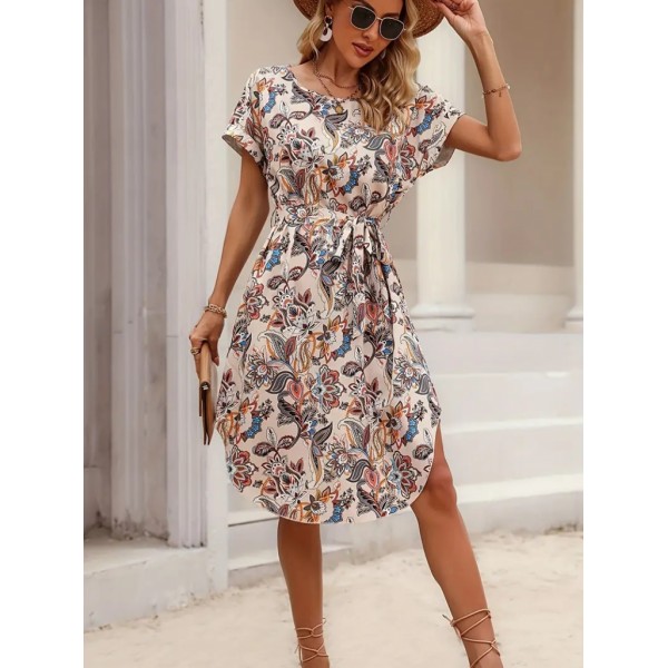 Kadın Kısa Kollu Bisiklet Yaka çiçek Desenli Kuşaklı Süprem Midi Elbise