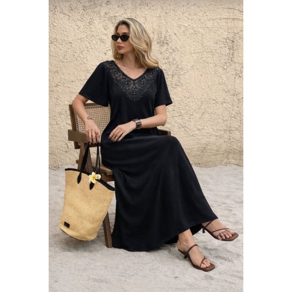 Kadın Kısa Kollu Dantel Güpür Detay V Yaka Maxi Boy Elbise