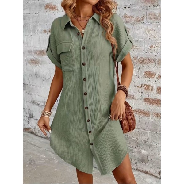Kadın Kısa Kollu Yakalı önden Düğmeli Bürümcük Kısa Elbise