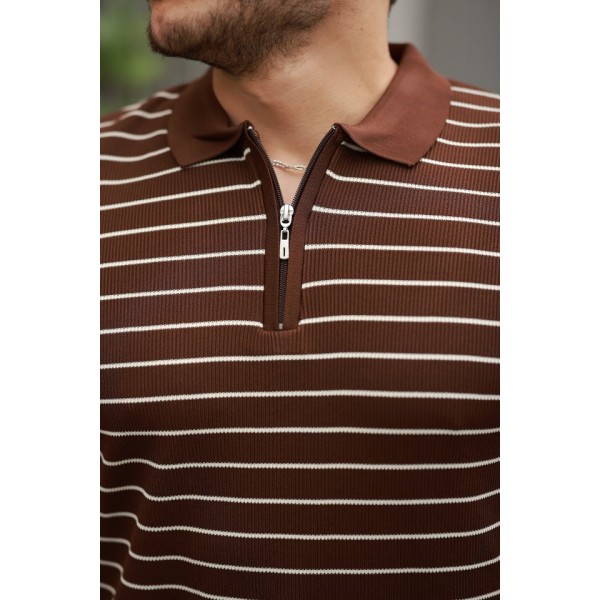 Erkek Fermuar Yakalı çizgili Kısa Kollu T-shirt
