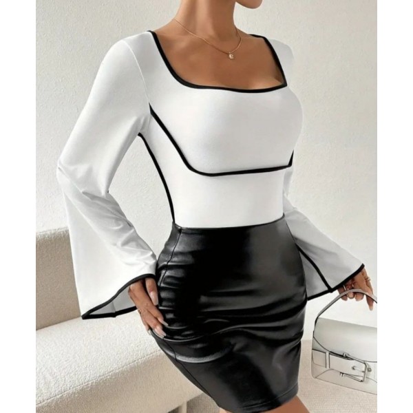 Kadın U Yaka Siyah şerit Detyalı Yarasa Kol Dalgıç Kumaş Arabiyeli Bluz