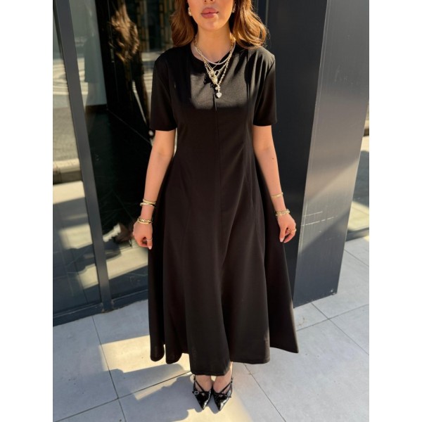 Kadın Kısa Kollu Bisiklet Yaka Maksi Boy Ithal Krep Elbise