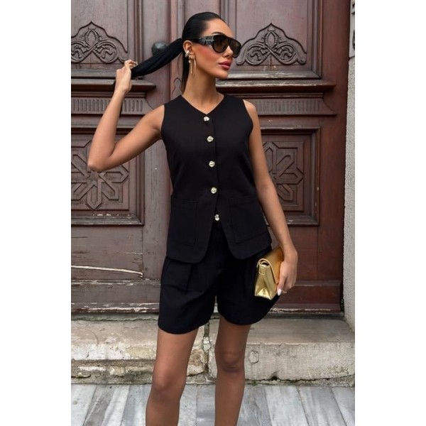 Gold Düğme Detaylı Yelek Şort Cotton Takım 10134-17