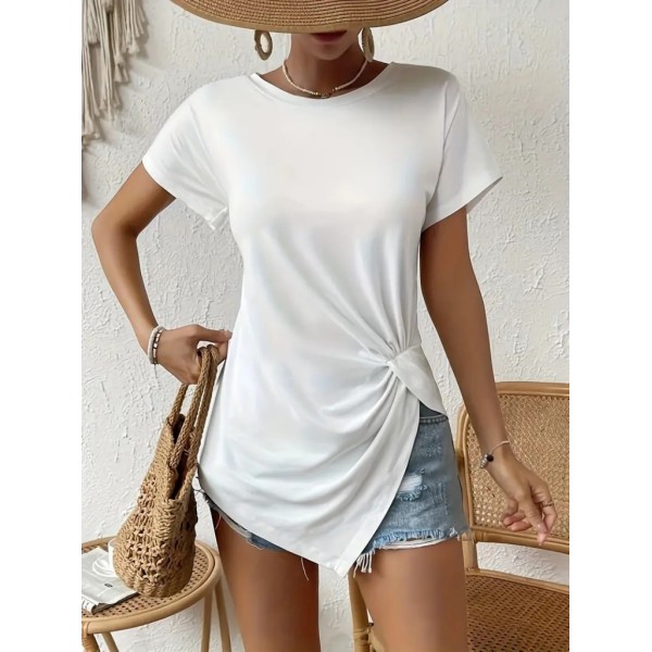 Kadın Kısa Kollu Asimetrik Kesim Bel Büzgü Düğüm Detay Viskon Bluz