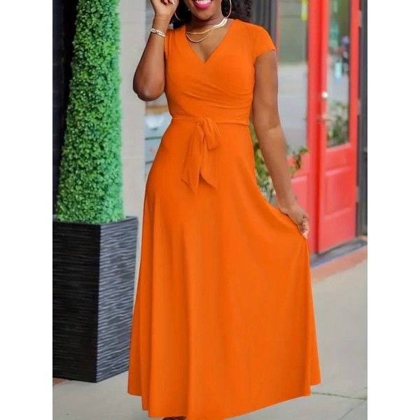 Kadın Kısa Kollu V Yakalı Belden Kuşaklı Maksi Boy Viskon Elbise