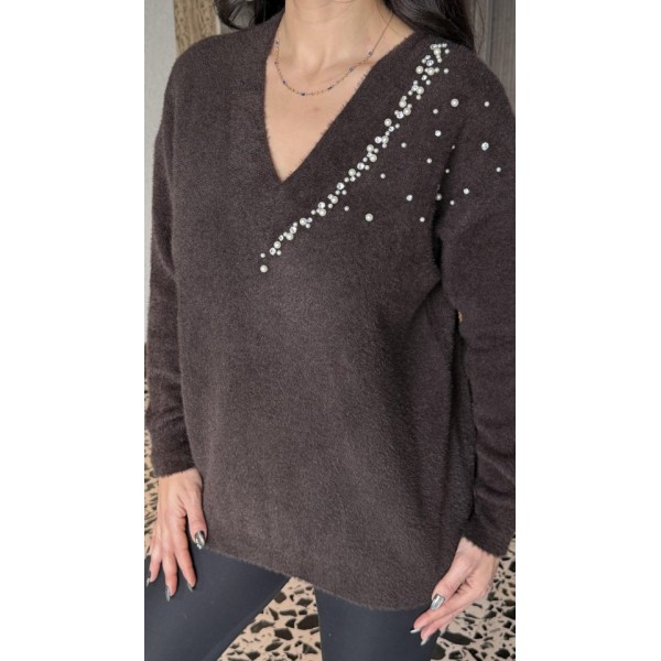 Kadın V Yaka Uzun Kollu Inci Detay Triko Bluz