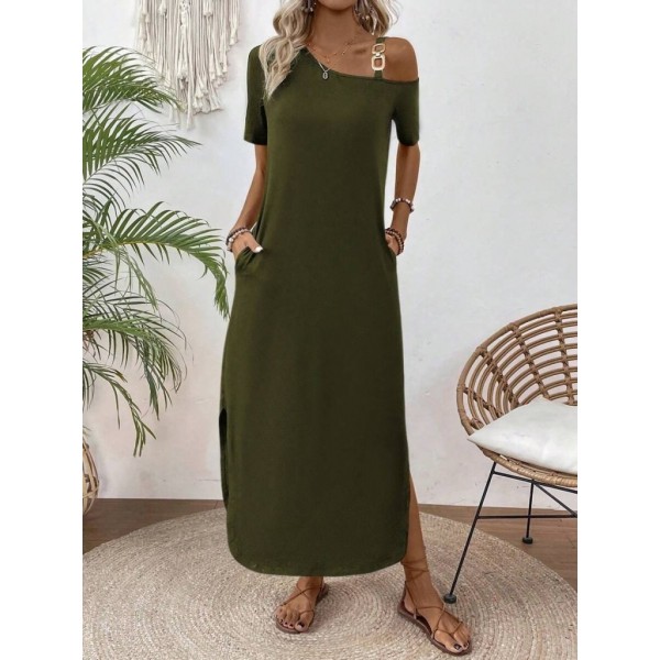 Kadın Tek Omuzdan Açık Toka Detaylı Yandan Yırtmaçlı Maksi Boy Viskon Elbise