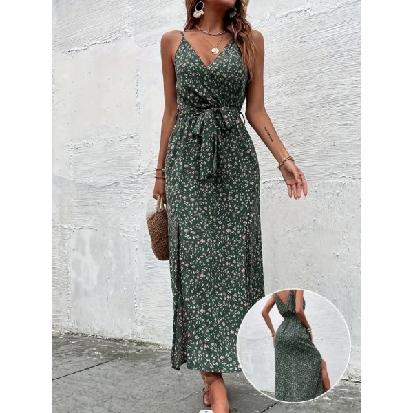 Kadın Ip Askılı Kruvaze Yakalı Yırtmaçlı Uzun Desenli Kuşaklı Süprem Elbise