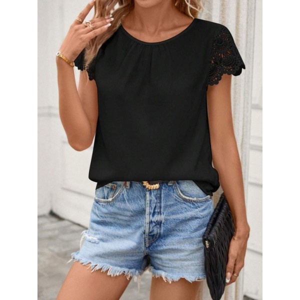 Kadın Kısa Dantel Kollu Bisiklet Yaka Sandy Bluz