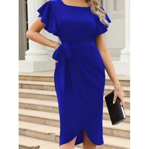 Kadın Kısa Fırfır Kollu Yakası Açık Belden Kuşaklı çapraz Kesim Detaylı Ithal Krep Elbise