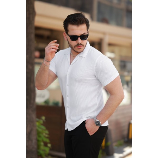 Erkek Ottoman Kumaş Apaj Yaka Kısa Kollu Gömlek