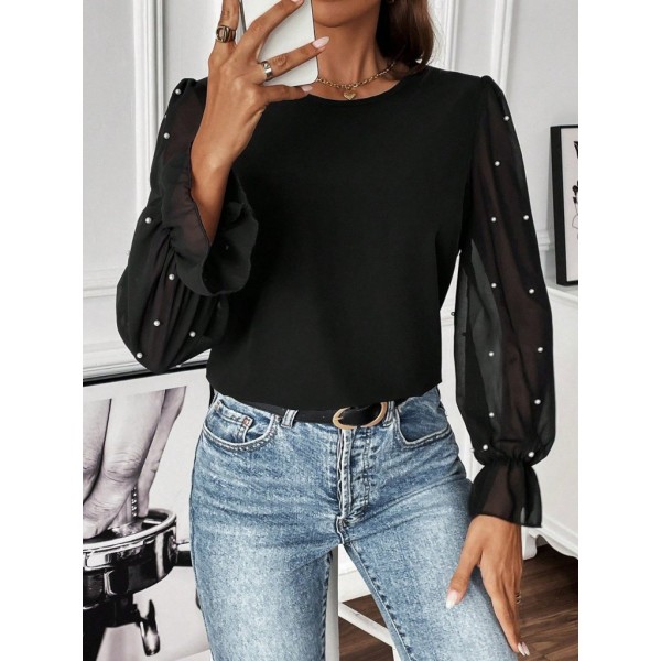 Kadın Uzun Kollu Bisiklet Yaka Tül Detaylı Incili Ithal Krep Bluz