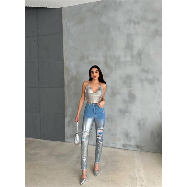 DİZ YIRTIK VARAKLI MOM KOT PANTOLON - Gümüş