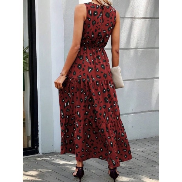 Kadın Kolsuz Bisiklet Yaka Beli Lastikli Desenli Süprem Elbise