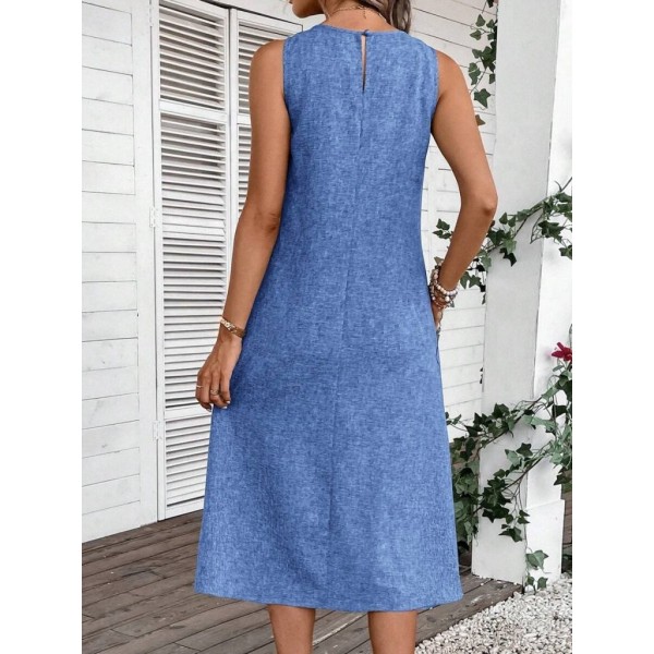 Kadın Kolsuz Bisiklet Yaka Cepli Midi Keten Elbise