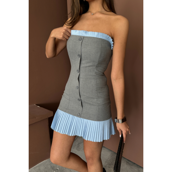 STRAPLEZ POLVİSKON ELBİSE MAVİ FIRFIR DETAYLI - Gri