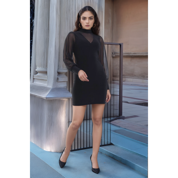 Kadın Balıkçı Yaka Transparan Detay Fırsat ürün Sandy Kumaş Mini Elbise