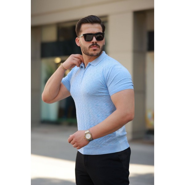 Erkek Fermuar Yakalı Baklava Desen Kısa Kollu Gömlek