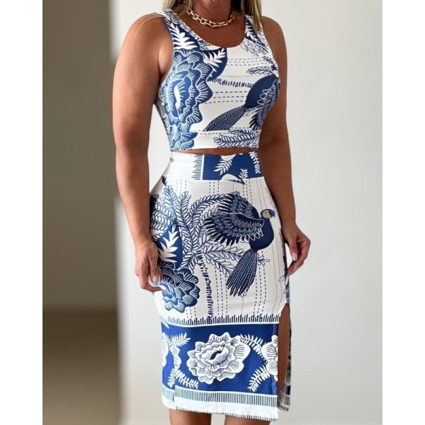 Kadın Sıfır Kollu Yuvarlak Yaka çiçekli Desenli Süprem Crop Ve Yırtmaçlı Etek Ikili Takım