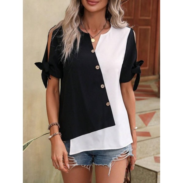Kadın Kısa Kollu Kollardan Bağlamalı önden Asimetrik Kesim çift Renk Detaylı Düğmeli Ithal Krep Bluz