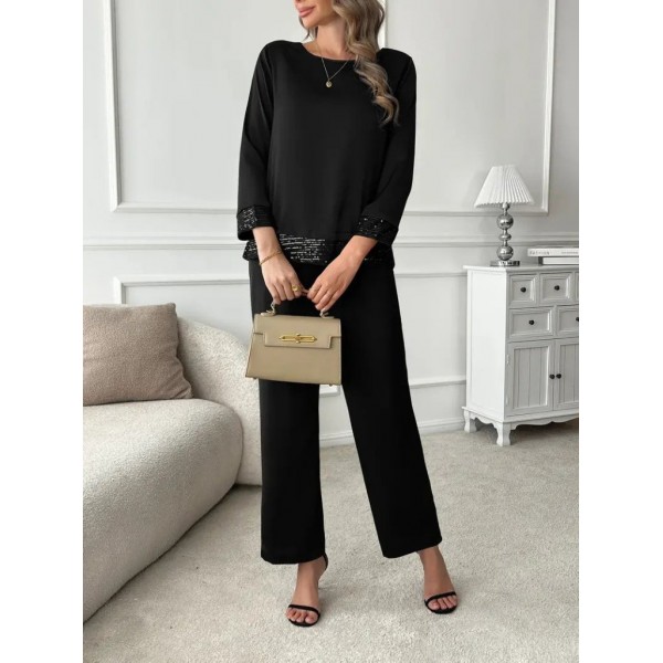 Kadın Uzun Kollu Bisiklet Yaka Pulpayetli Viskon Iki Iplik Bluz Ve Pantolon Ikili Takım