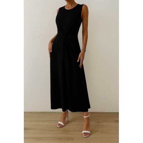 Kadın Sıfır Kollu Bisiklet Yaka Yandan Büzgü Detaylı Viskon Elbise