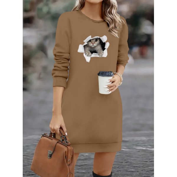 Kadın Uzun Kollu Bisiklet Yaka Kısa Viskon Iki Iplik Elbise