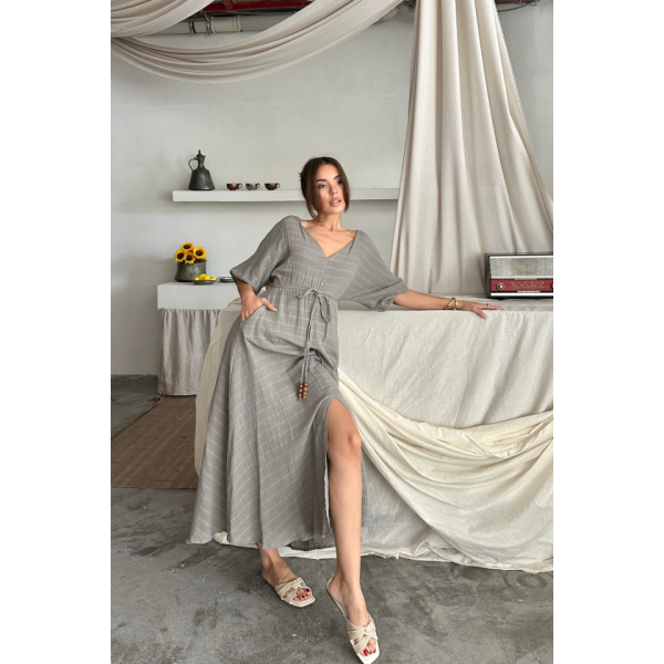 V YAKA BEL BONCUK BAĞLAMALI MÜSLİN ELBİSE YIRTMAÇ DETAYLI - Gri