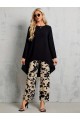 Kadın Uzun Kollu Bisiklet Yaka Asimetrik Kesim Detaylı Viskon Bluz Ve çiçek Desenli Iki Iplik Pantolon