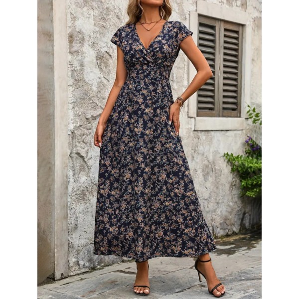 Kadın Kısa Kollu Kruvaze Yakalı çiçek Desenli Belden Lastikli Süprem Uzun Elbise