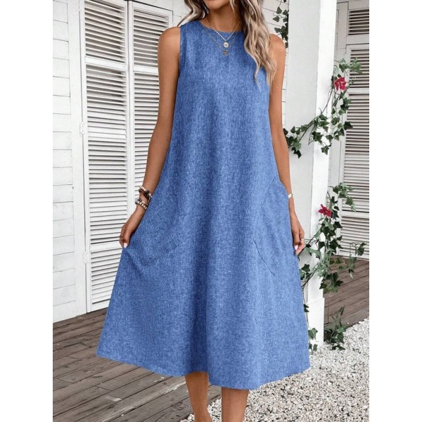 Kadın Kolsuz Bisiklet Yaka Cepli Midi Keten Elbise