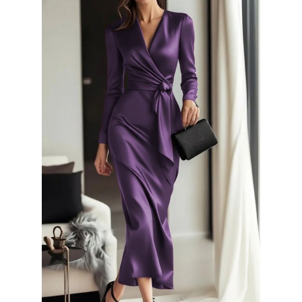 Kadın Uzun Kollu Kruvaze Yakalı Beli Kuşaklı Uzun Saten Elbise