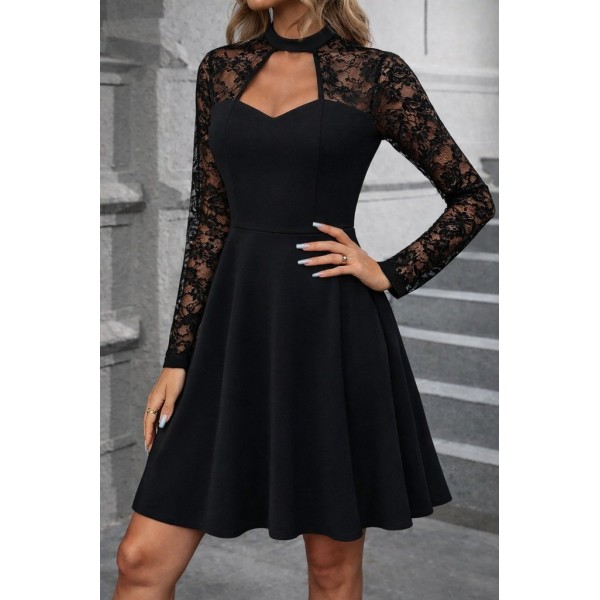 Kadın Uzun Kollu Balıkçı Yaka Dantelli Ithal Krep Kısa Kiloş Elbise