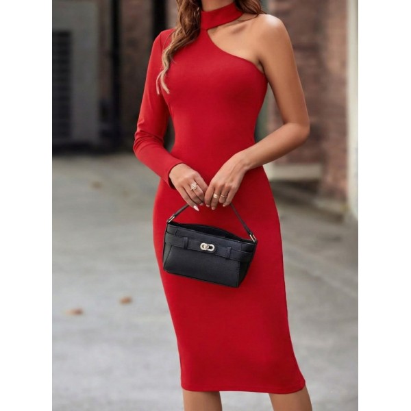 Kadın Tek Omuzdan Açık Uzun Kollu Balıkçı Yaka Midi Ithal Krep Elbise