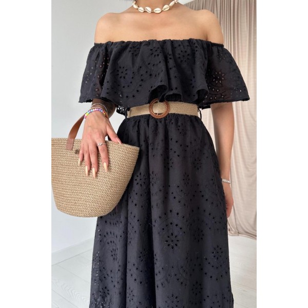 Siyah Omzu Lastikli Brode Elbise