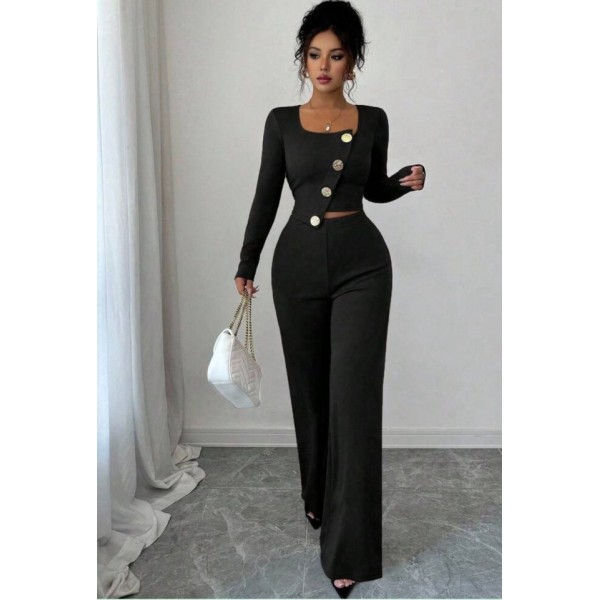 Kadın Uzun Kol Kare Yaka Asimetrik Düğme Detay Bluz Ve Yüksek Bel Pantolon Ikili Takım