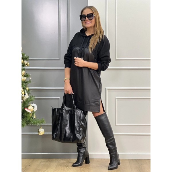 Kadın Uzun Kollu Kapüşon Ve Deri Detay Diz üstü Elbise