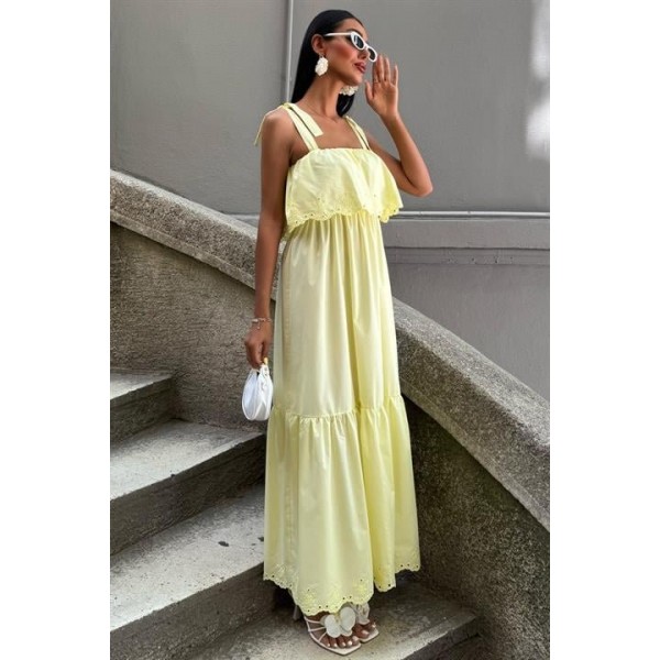 Etek Ucu Brode Nakışlı Boyundan Bağlamalı Elbise 2881