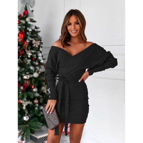 Kadın Uzun Kollu Kruvaze Yaka Bağcık Detay Akrilik Mini Boy Elbise